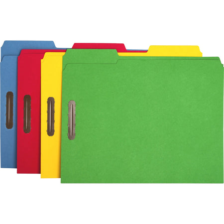 Business Source 1/3 Tab Cut Letter Recycled Fastener Folder - 8 1/2" x 11" - 3/4" Expansion - 2 Fastener(s) - 2" Fastener Capacity - Top Tab Location - Assorted Tab Position - 11 pt. - Yellow, Blue, Green, Red - 10% Recycled - 50 / Box