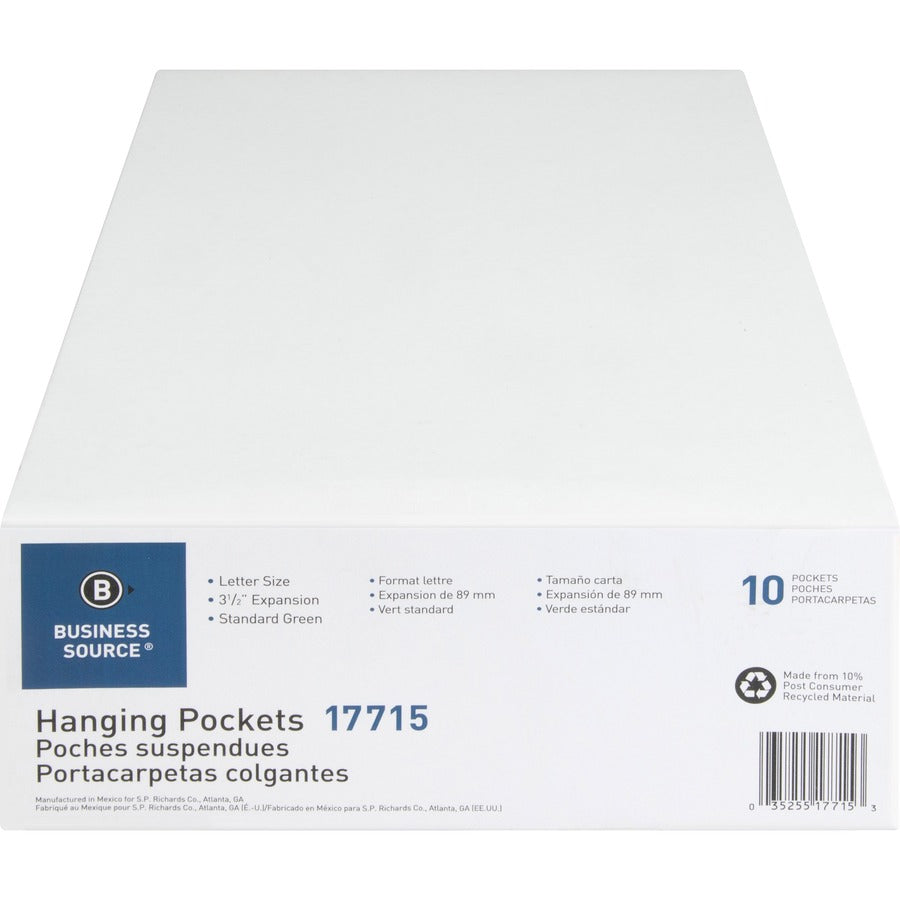 Business Source Letter Recycled File Pocket - 8 1/2" x 11" - Capacity3 1/2" Expansion - 10% Recycled - 10 / Box