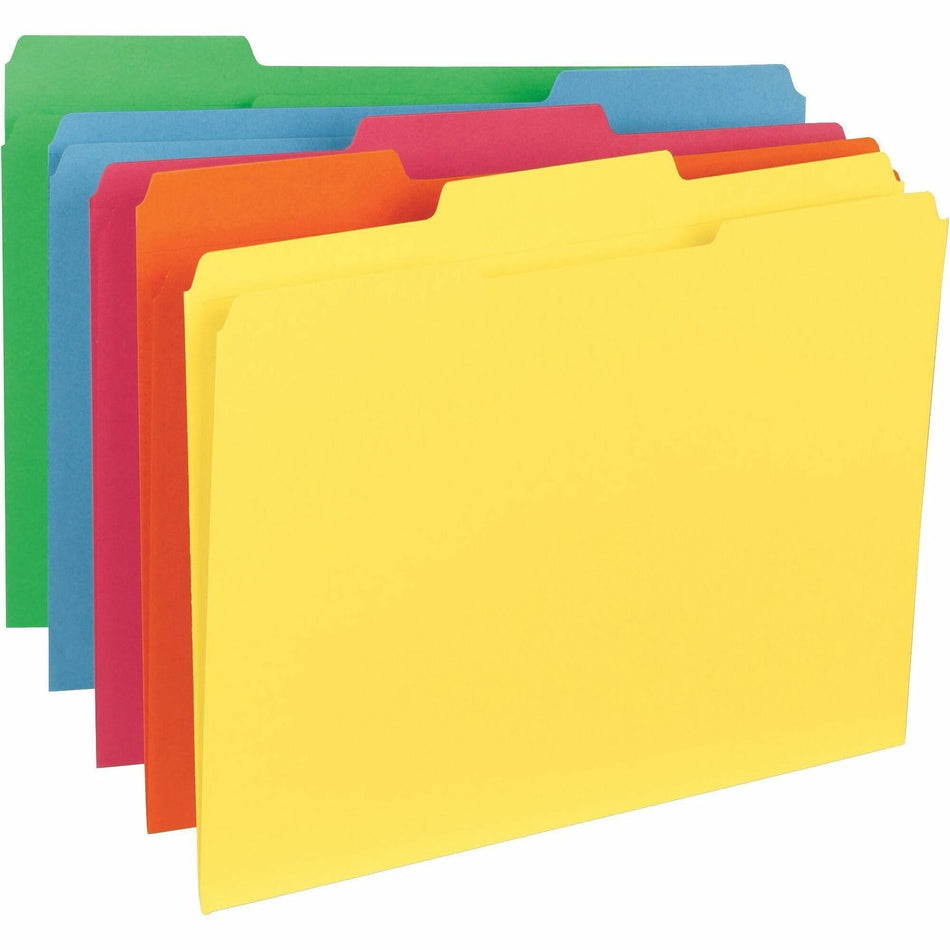 Business Source 1/3 Tab Cut Letter Recycled Classification Folder - 8 1/2" x 11" - Top Tab Location - Assorted Tab Position - 11 pt. - Blue, Green, Red, Orange, Yellow - 10% Recycled - 100 / Box
