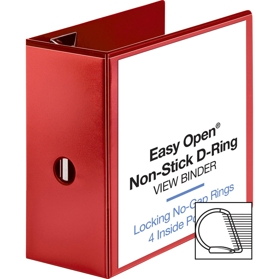 Business Source Red D-ring Binder - 5" Binder Capacity - Letter - 8 1/2" x 11" Sheet Size - Fastener(s): D-Ring - Pocket(s): 4 - Polypropylene - Red - Clear Overlay, Non-stick, Ink-transfer Resistant, Locking Ring - 1 Each