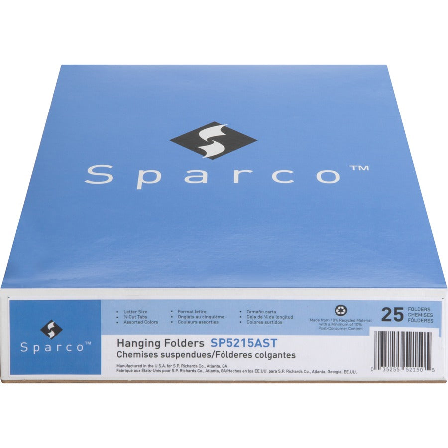 Business Source 1/5 Tab Cut Letter Recycled Hanging Folder - 8 1/2" x 11" - Top Tab Location - Blue, Green, Orange, Red, Yellow - 10% Recycled - 25 / Box