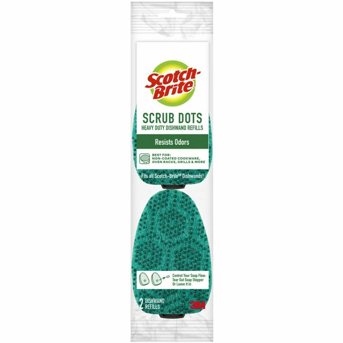 Scotch-Brite Scrub Dots Dishwand Refill - 3.5" Width x 4.4" Length - 2 / Pack - Green
