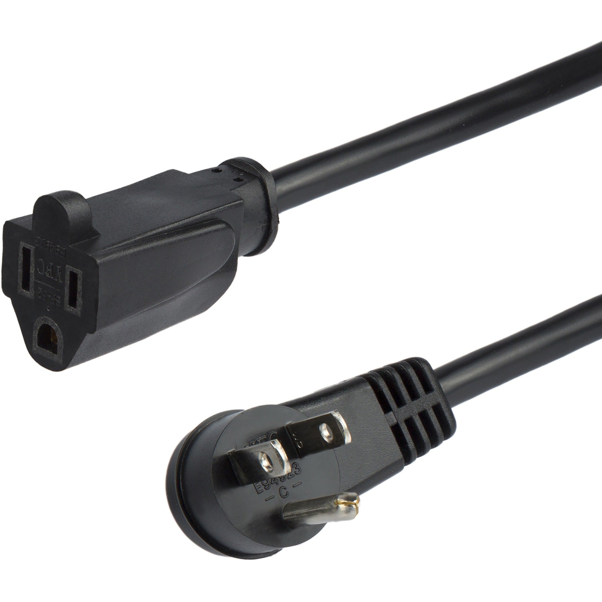 StarTech.com Flat Extension Cord - NEMA 5-15R to NEMA Right-Angle 5-15P - 3 ft. - For Computer, Television, Lamp, Server, Printer - 125 V AC / 13 A - Black - 3 ft Cord Length - NEMA 5-15R / NEMA 5-15P - North America - 1 Each