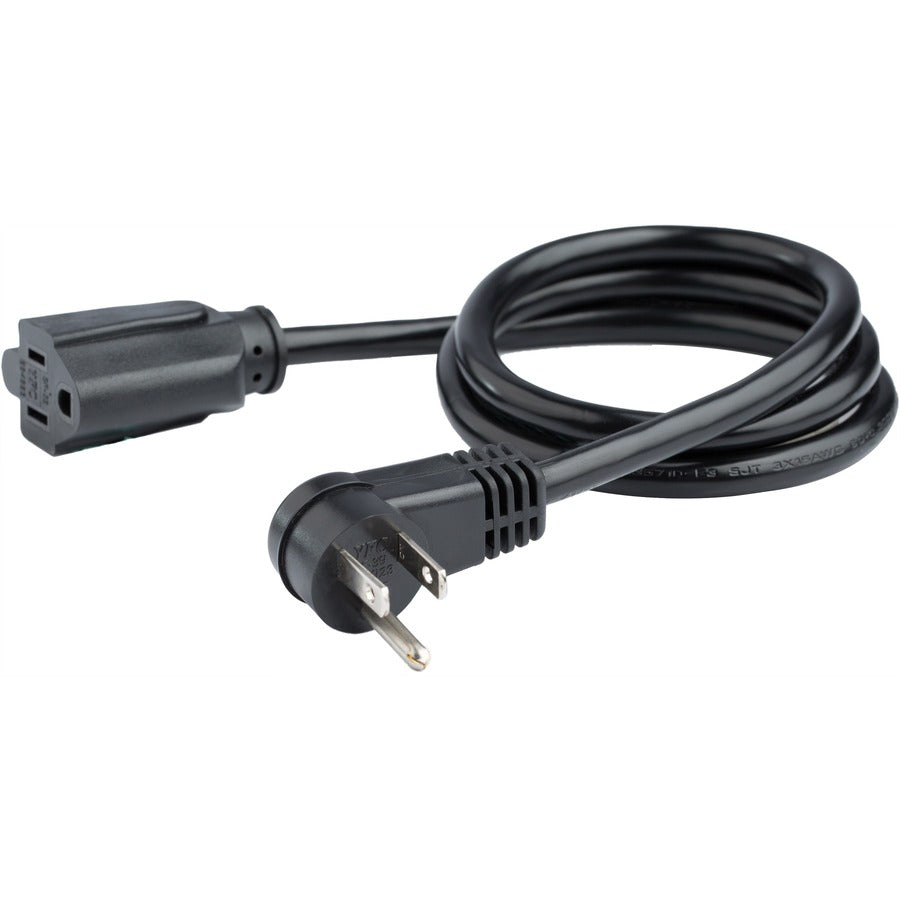 StarTech.com Flat Extension Cord - NEMA 5-15R to NEMA Right-Angle 5-15P - 3 ft. - For Computer, Television, Lamp, Server, Printer - 125 V AC / 13 A - Black - 3 ft Cord Length - NEMA 5-15R / NEMA 5-15P - North America - 1 Each