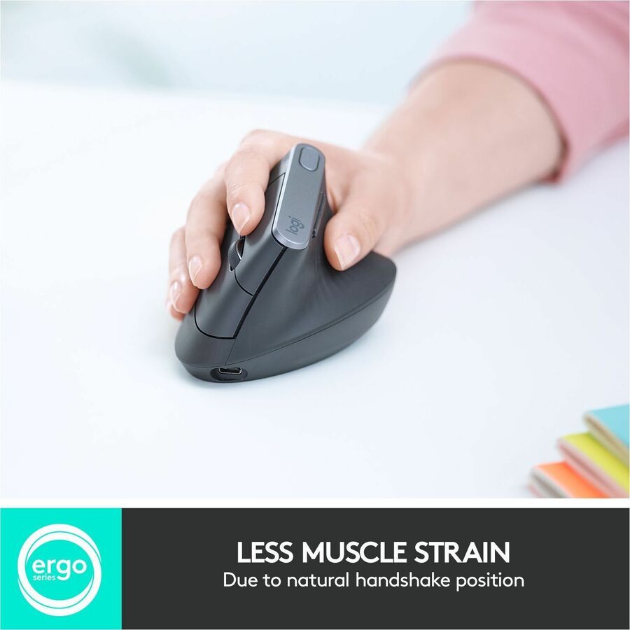 Logitech MX Vertical Advanced Ergonomic Mouse - Optical - Cable/Wireless - Bluetooth/Radio Frequency - Graphite - USB Type C - 4000 dpi - Scroll Wheel - 4 Button(s) - Right-handed - 1 Each
