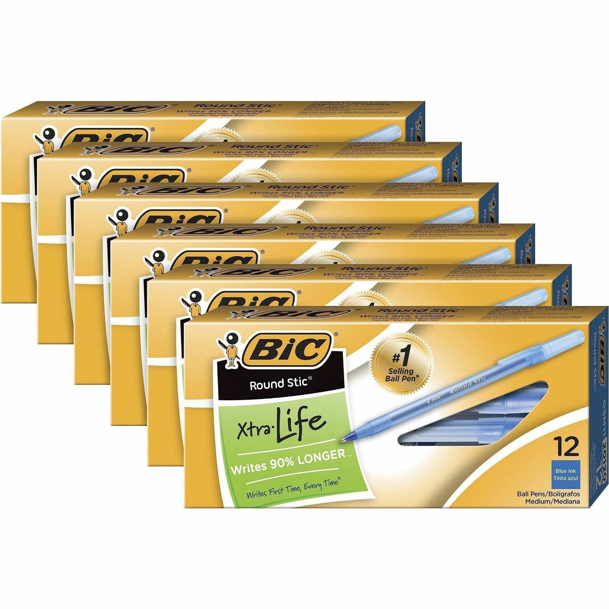 BIC Round Stic Ballpoint Pens - Medium Pen Point - Blue Ink - Blue Barrel - 1/Box - 6 / Bundle