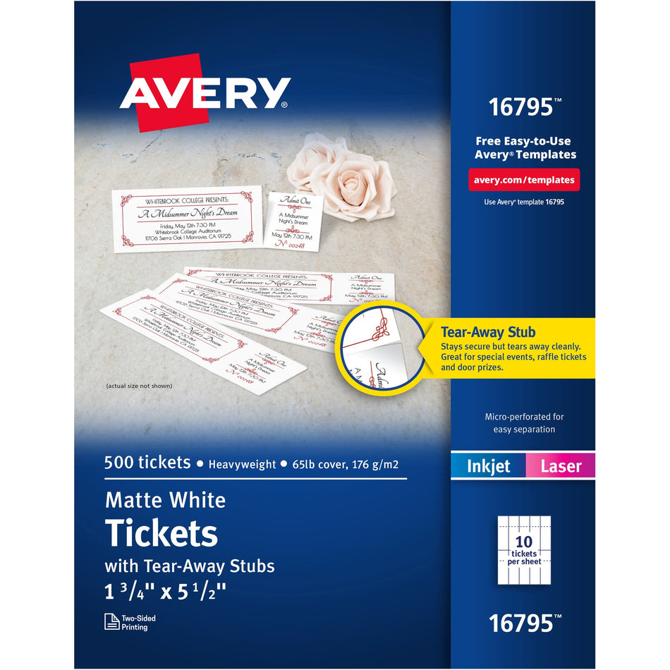 Avery® Blank Printable Perforated Raffle Tickets - Tear-Away Stubs - Matte White - 500 / Pack