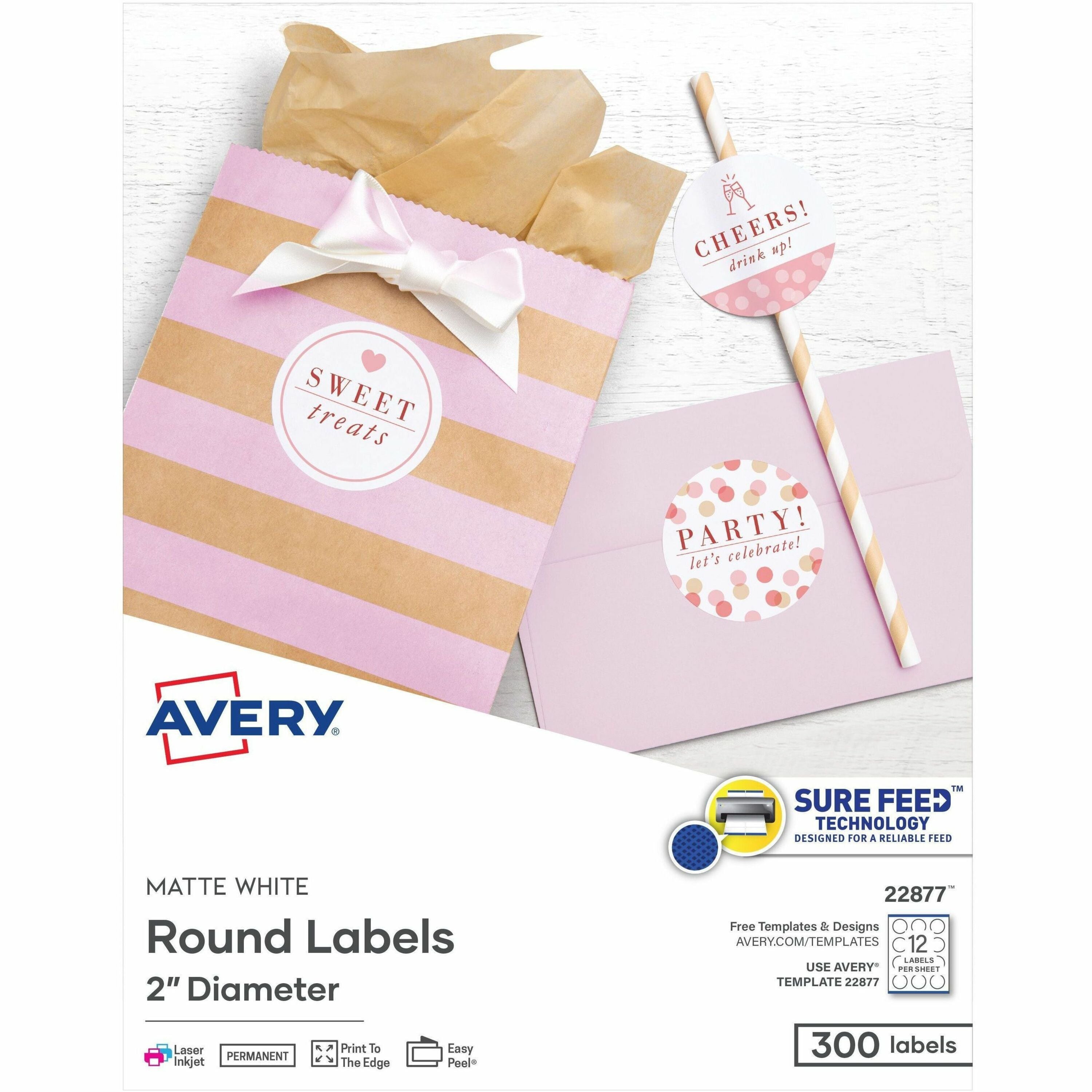 Avery®  Easy Peel Labels -Sure Feed - Print-to-the-Edge - Waterproof - x 2" Diameter - Permanent Adhesive - Round - Inkjet, Laser - Matte White - Matte - Paper - 12 / Sheet - 12 Total Sheets - 300 Total Label(s) - 25 / Pack