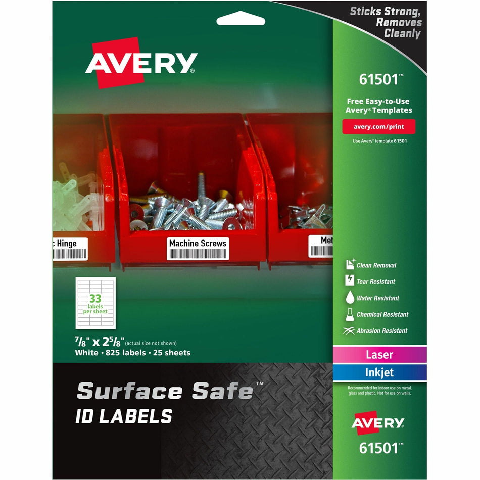 Avery®  Surface Safe ID Label - 7/8" Width x 2 5/8" Length - Removable Adhesive - Rectangle - Laser, Inkjet - White - Film - Water Resistant - 33 / Sheet - 25 Total Sheets - 825 Total Label(s) - 825 / Pack