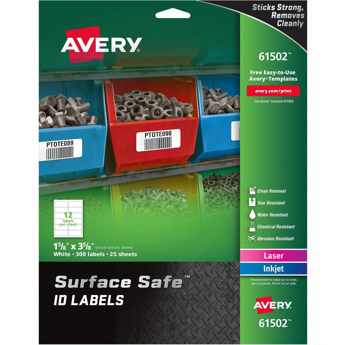 Avery®  Surface Safe ID Label - 1 5/8" Width x 3 5/8" Length - Removable Adhesive - Rectangle - Laser, Inkjet - White - Film - Water Resistant - 12 / Sheet - 25 Total Sheets - 300 Total Label(s) - 300 / Pack