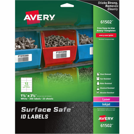 Avery®  Surface Safe ID Label - 1 5/8" Width x 3 5/8" Length - Removable Adhesive - Rectangle - Laser, Inkjet - White - Film - Water Resistant - 12 / Sheet - 25 Total Sheets - 300 Total Label(s) - 300 / Pack