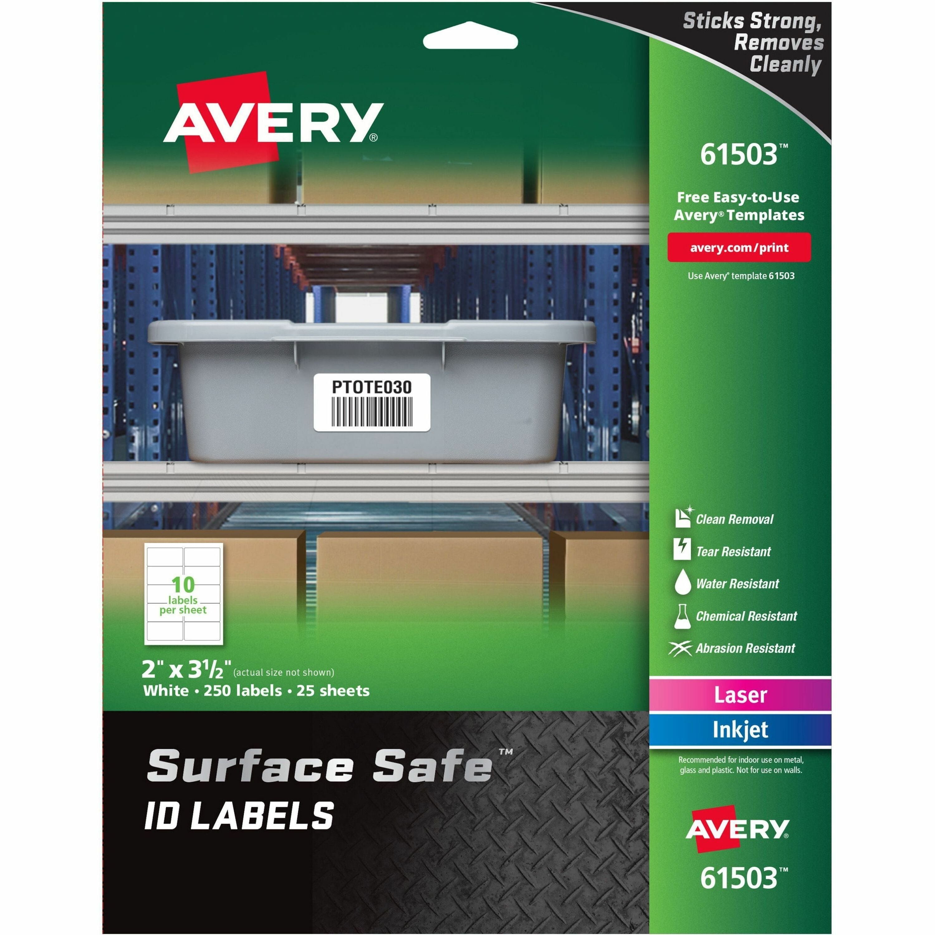 Avery®  Surface Safe ID Label - 2" Width x 3 1/2" Length - Removable Adhesive - Rectangle - Laser, Inkjet - White - Film - Water Resistant - 10 / Sheet - 25 Total Sheets - 250 Total Label(s) - 250 / Pack