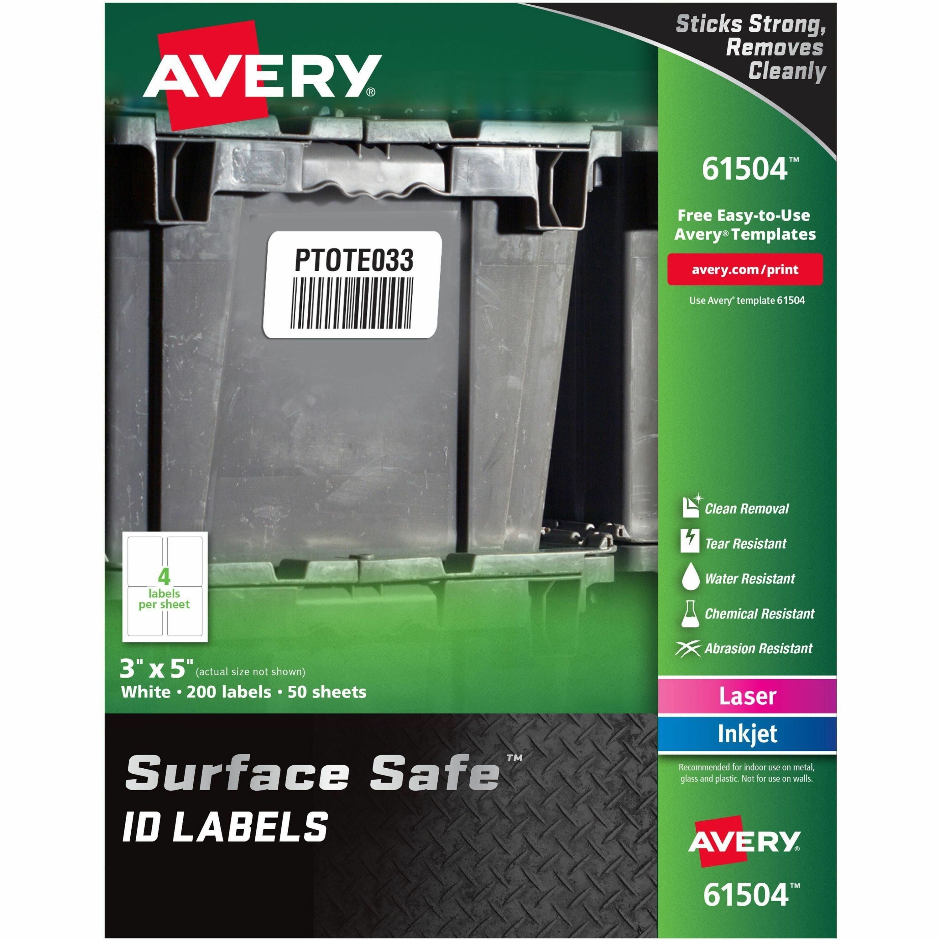 Avery®  Surface Safe ID Label - 3" Width x 5" Length - Removable Adhesive - Rectangle - Laser, Inkjet - White - Film - Water Resistant - 4 / Sheet - 50 Total Sheets - 200 Total Label(s) - 200 / Pack
