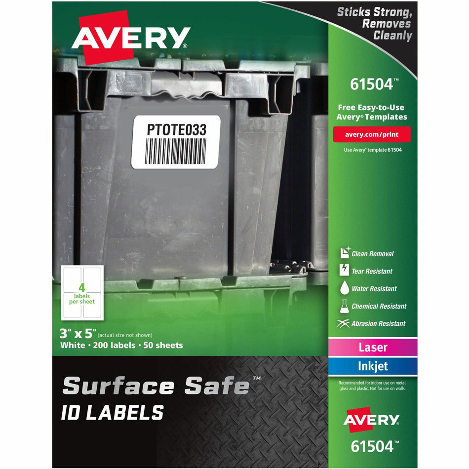 Avery®  Surface Safe ID Label - 3" Width x 5" Length - Removable Adhesive - Rectangle - Laser, Inkjet - White - Film - Water Resistant - 4 / Sheet - 50 Total Sheets - 200 Total Label(s) - 200 / Pack