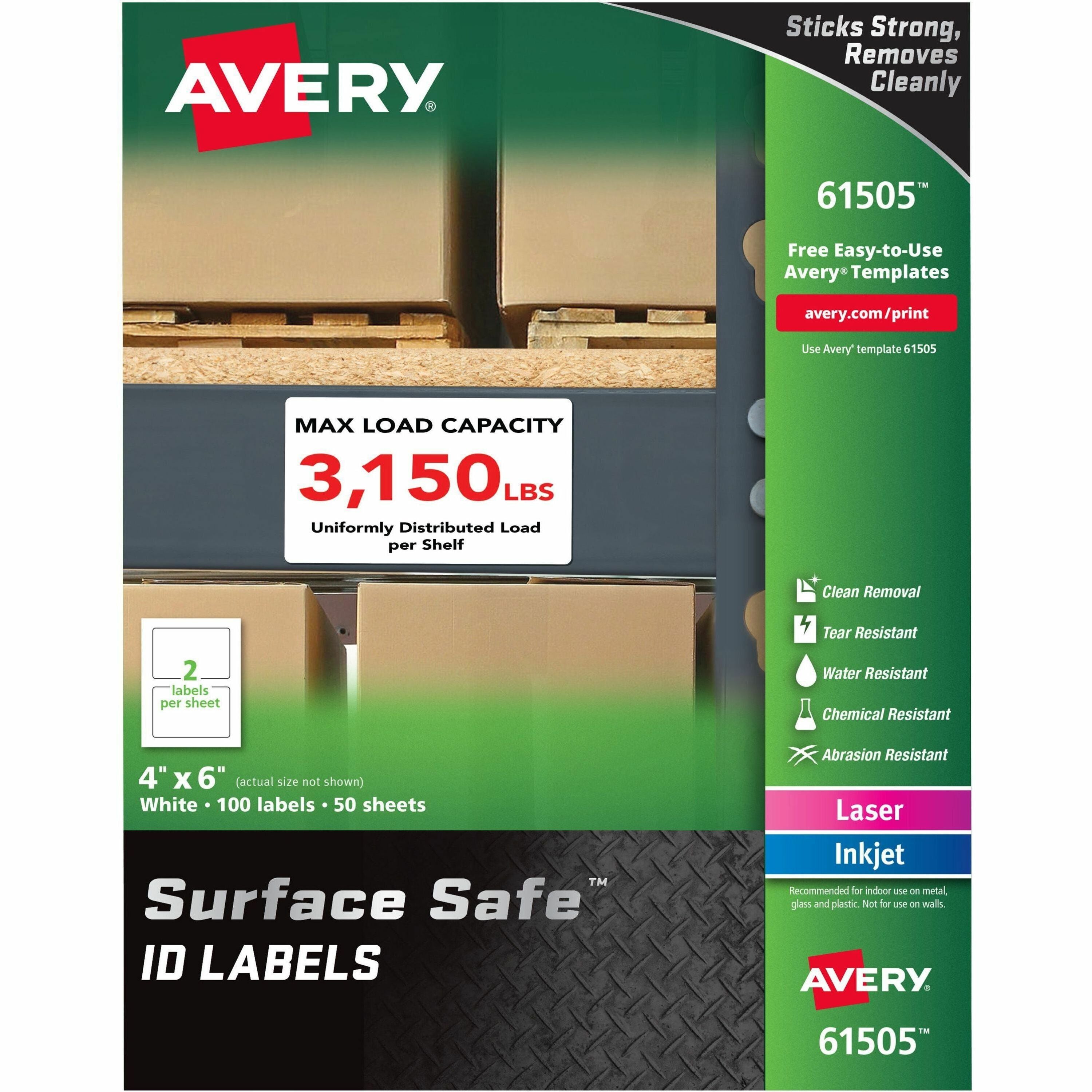 Avery®  Surface Safe ID Labels - 4" Width x 6" Length - Removable Adhesive - Rectangle - Laser, Inkjet - White - Film - Water Resistant - 2 / Sheet - 50 Total Sheets - 100 Total Label(s) - 100 / Pack