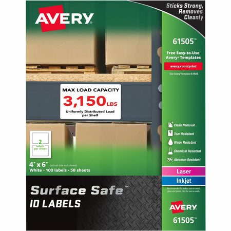 Avery®  Surface Safe ID Labels - 4" Width x 6" Length - Removable Adhesive - Rectangle - Laser, Inkjet - White - Film - Water Resistant - 2 / Sheet - 50 Total Sheets - 100 Total Label(s) - 100 / Pack