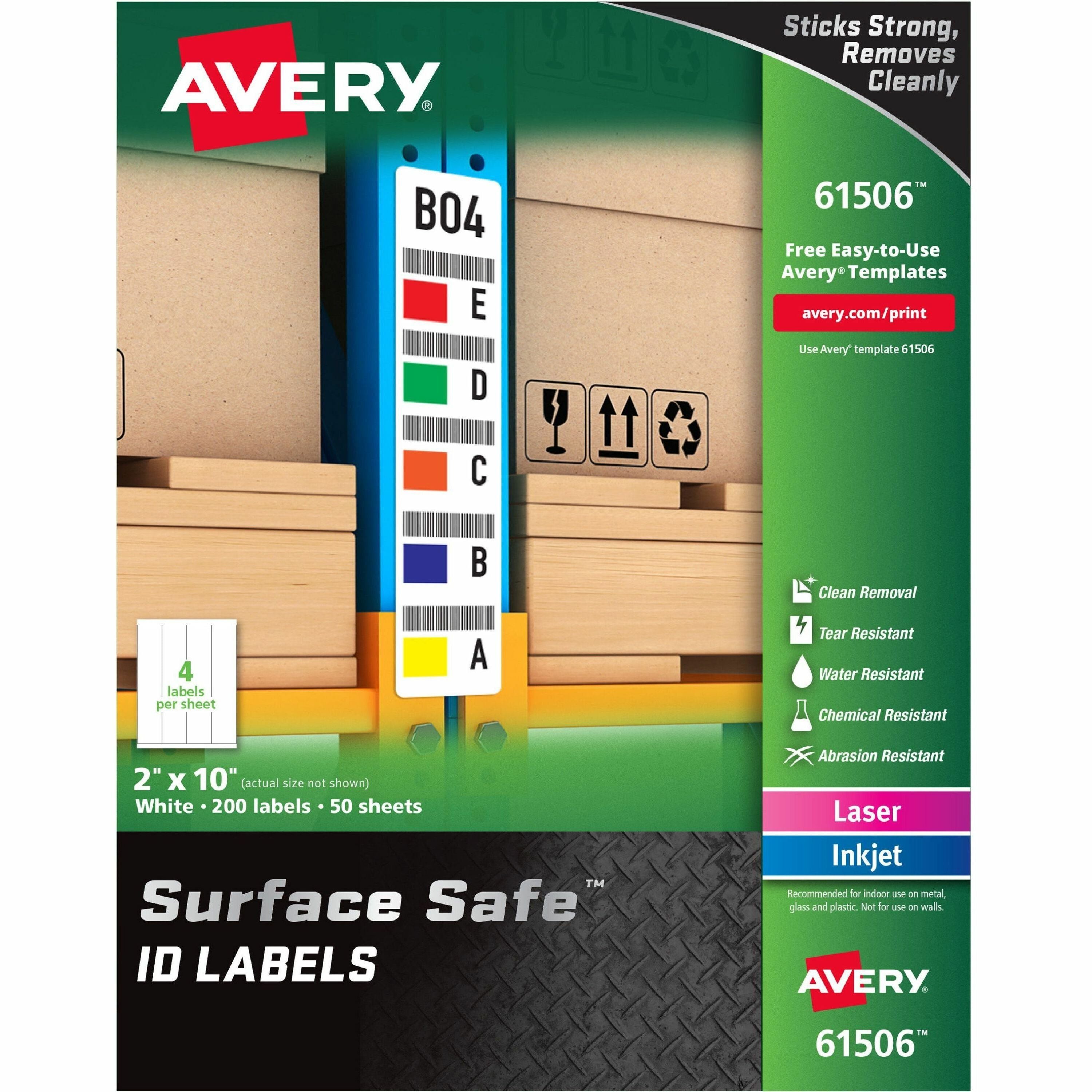 Avery®  Surface Safe ID Label - 2" Width x 10" Length - Removable Adhesive - Rectangle - Laser, Inkjet - White - Film - Water Resistant - 4 / Sheet - 50 Total Sheets - 200 Total Label(s) - 200 / Pack