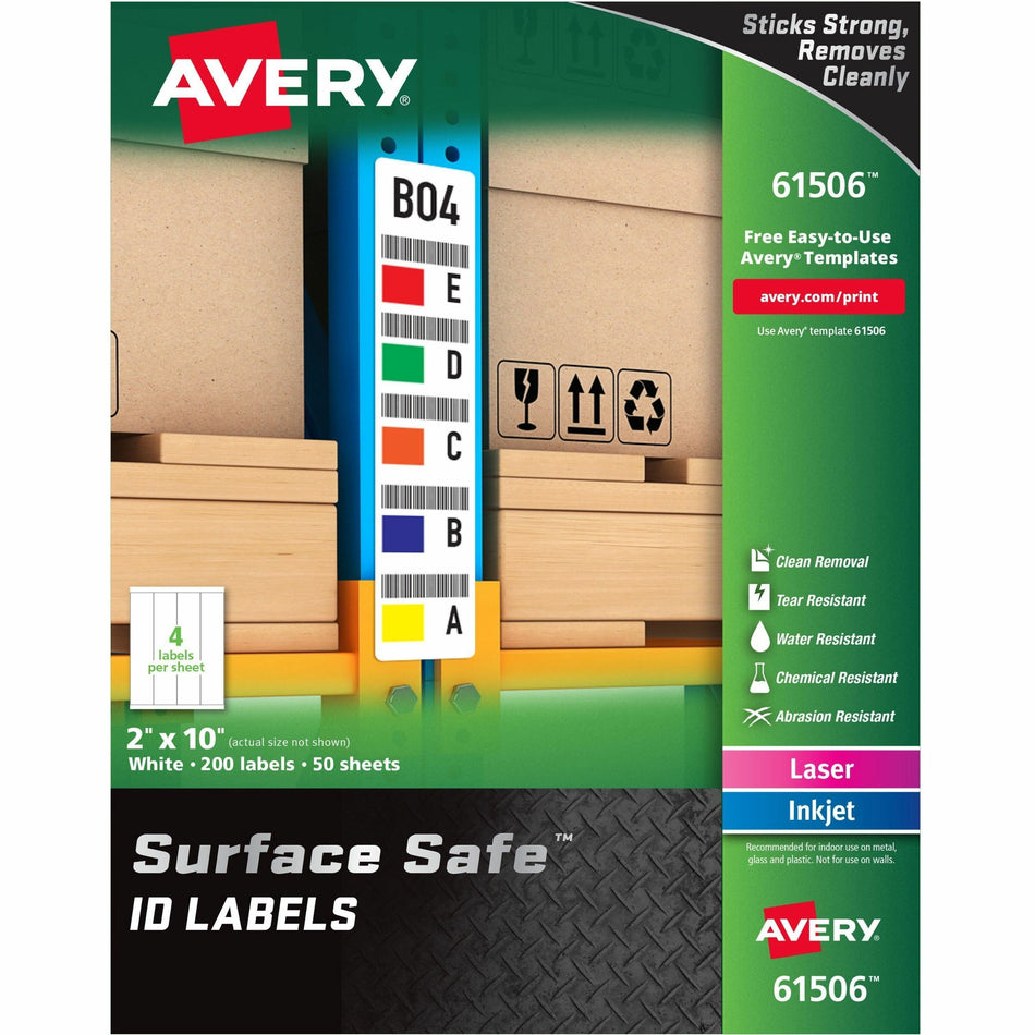 Avery®  Surface Safe ID Label - 2" Width x 10" Length - Removable Adhesive - Rectangle - Laser, Inkjet - White - Film - Water Resistant - 4 / Sheet - 50 Total Sheets - 200 Total Label(s) - 200 / Pack