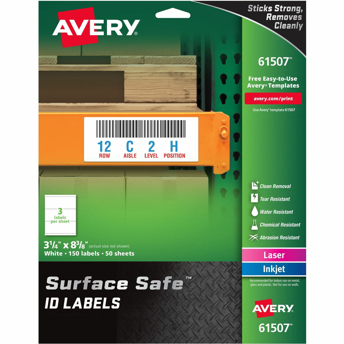 Avery®  Surface Safe ID Label - 3 1/4" Width x 8 3/8" Length - Removable Adhesive - Rectangle - Laser, Inkjet - White - Film - Water Resistant - 3 / Sheet - 50 Total Sheets - 150 Total Label(s) - 150 / Pack
