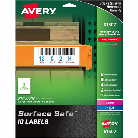 Avery®  Surface Safe ID Label - 3 1/4" Width x 8 3/8" Length - Removable Adhesive - Rectangle - Laser, Inkjet - White - Film - Water Resistant - 3 / Sheet - 50 Total Sheets - 150 Total Label(s) - 150 / Pack