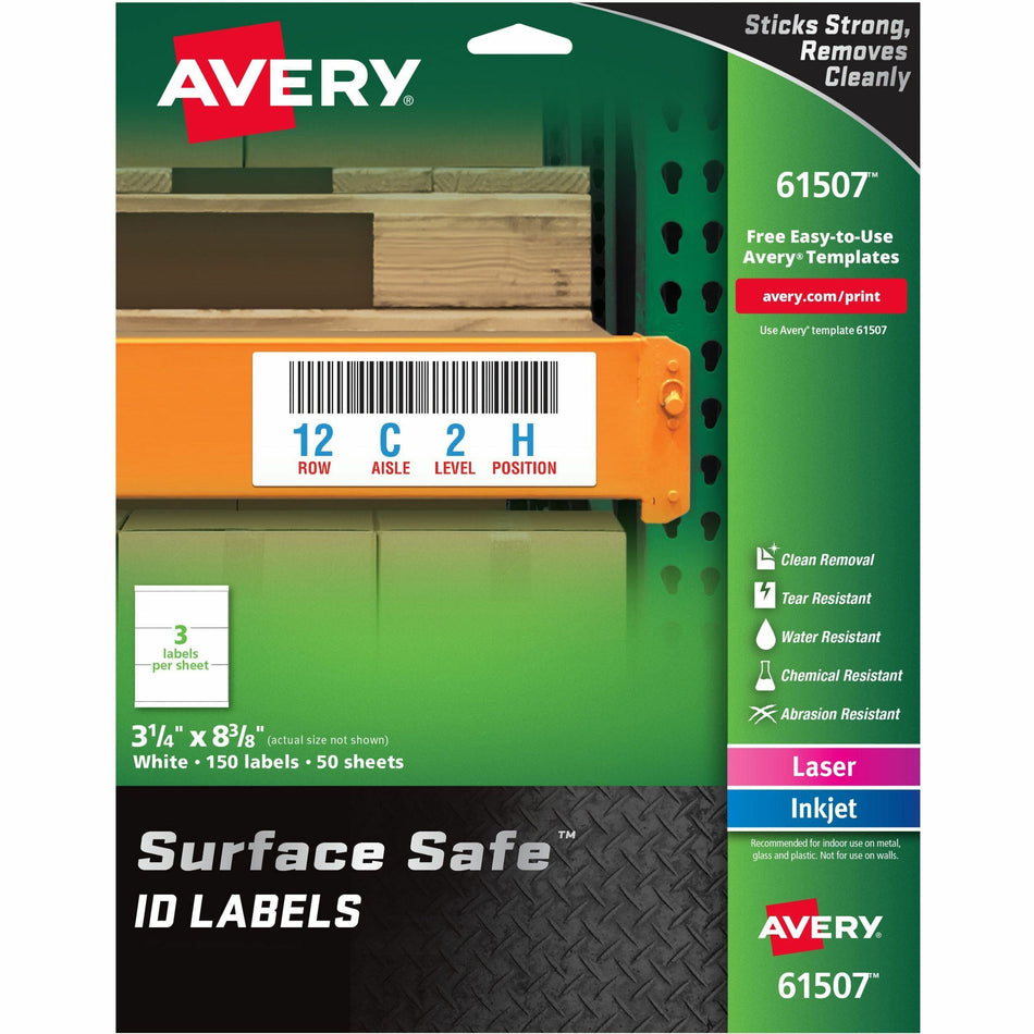 Avery®  Surface Safe ID Label - 3 1/4" Width x 8 3/8" Length - Removable Adhesive - Rectangle - Laser, Inkjet - White - Film - Water Resistant - 3 / Sheet - 50 Total Sheets - 150 Total Label(s) - 150 / Pack