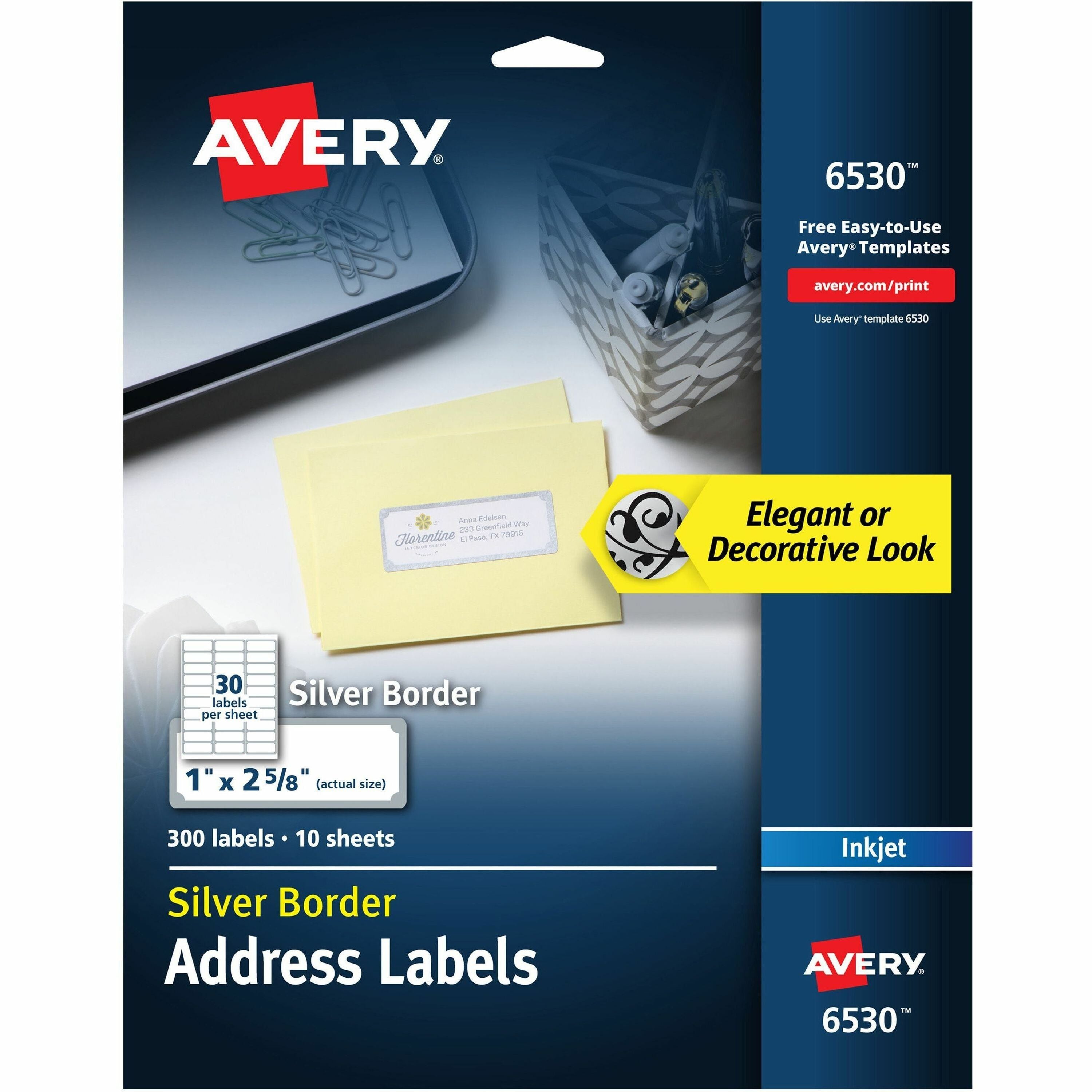 Avery®  Easy Peel Address Label - 1" Width x 2 5/8" Length - Permanent Adhesive - Rectangle - Inkjet - White, Silver - Paper - 30 / Sheet - 10 Total Sheets - 300 Total Label(s) - 300 / Pack