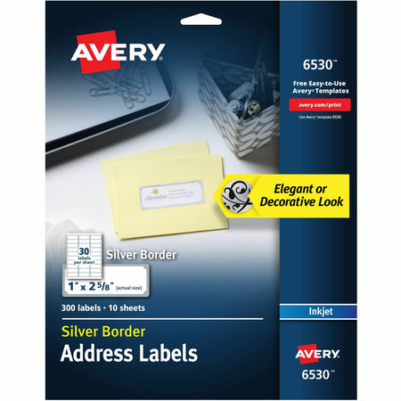 Avery®  Easy Peel Address Label - 1" Width x 2 5/8" Length - Permanent Adhesive - Rectangle - Inkjet - White, Silver - Paper - 30 / Sheet - 10 Total Sheets - 300 Total Label(s) - 300 / Pack