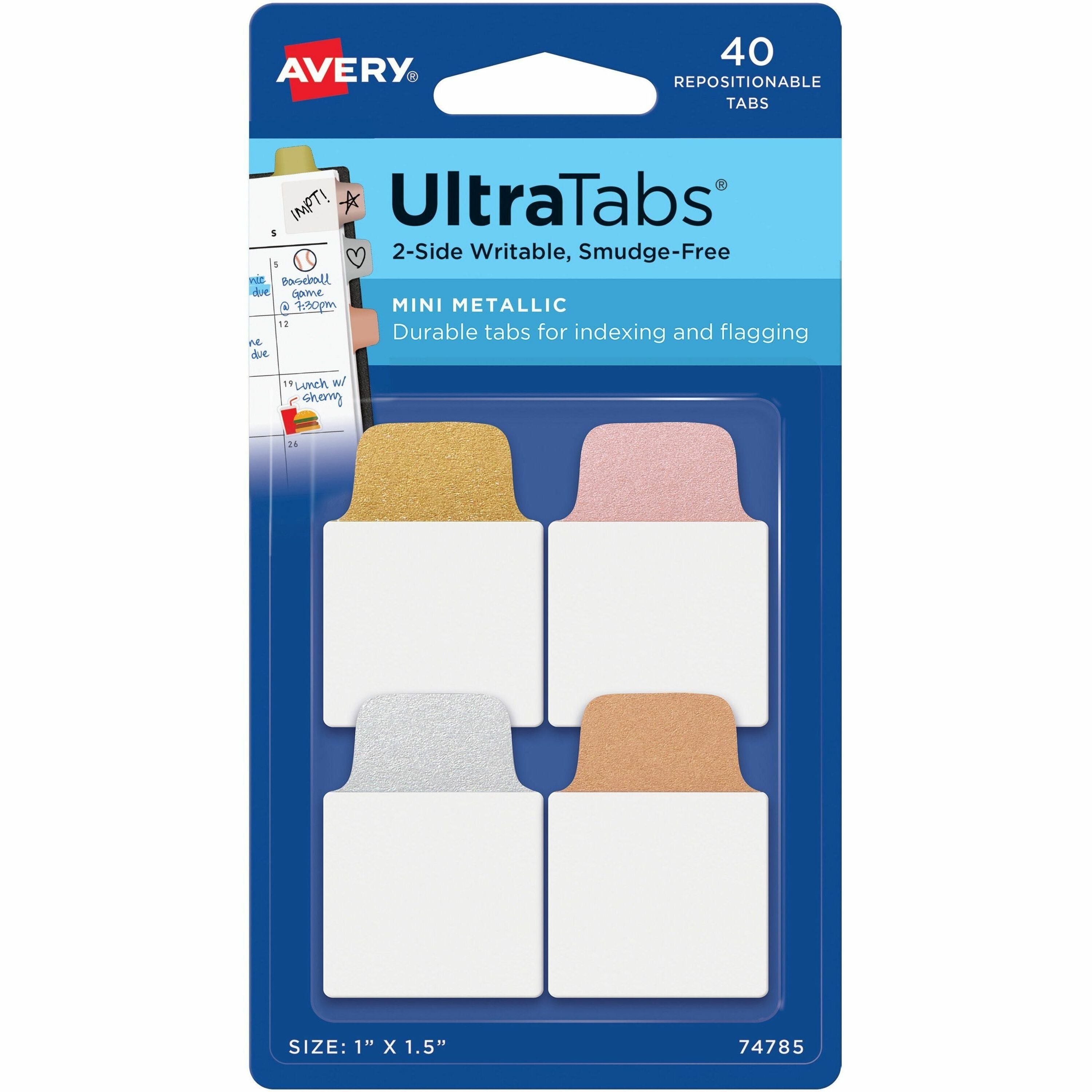 Avery®  UltraTabs Metallic Color 2-sided Mini Tabs - 40 Tab(s) - 1.50" Tab Height x 1" Tab Width - Clear Film, Gold Paper, Rose Gold, Copper Tab(s) - 40 / Pack