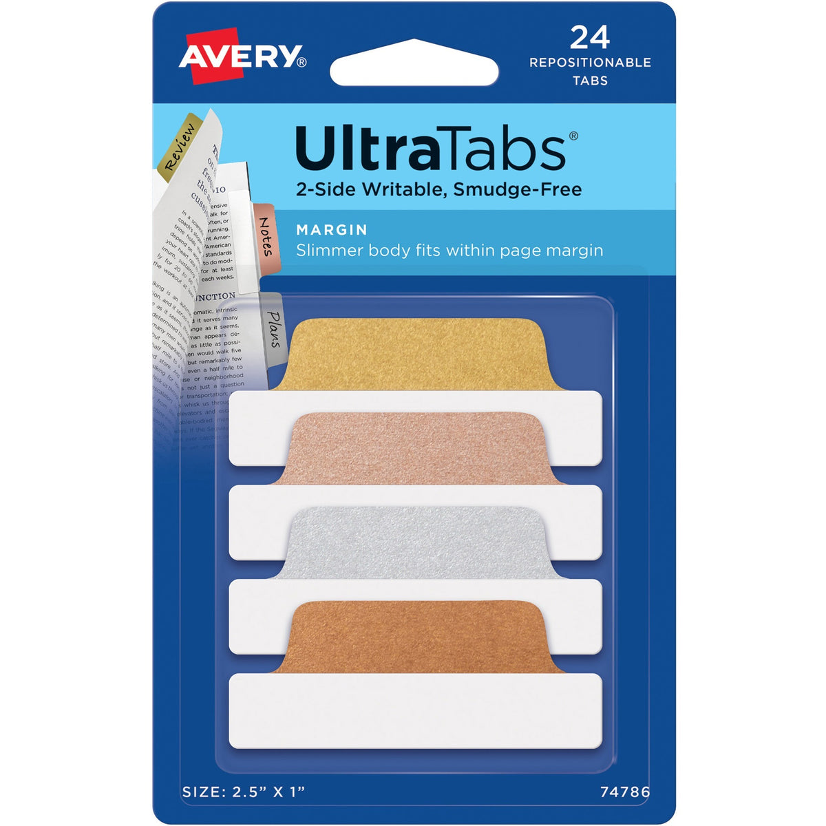 Avery®  UltraTabs Repositionable Margin Tabs - 24 Tab(s) - 1" Tab Height x 2.50" Tab Width - Clear Film, Gold Paper, Rose Gold, Copper Tab(s) - 24 / Pack