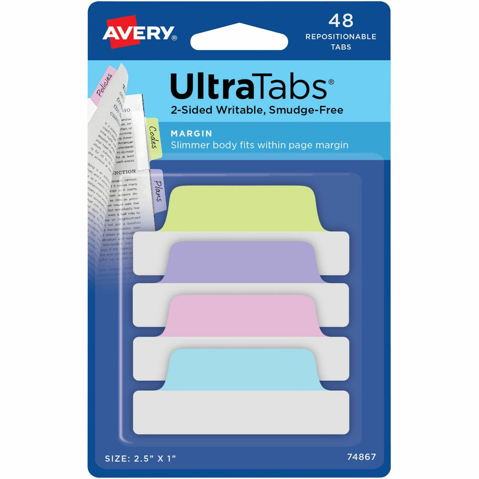 Avery®  UltraTabs Repositionable Margin Tabs - 48 Tab(s) - 1" Tab Height x 2.50" Tab Width - Clear Film, Pastel Blue Paper, Pastel Pink, Pastel Purple, Pastel Green Tab(s) - 48 / Pack