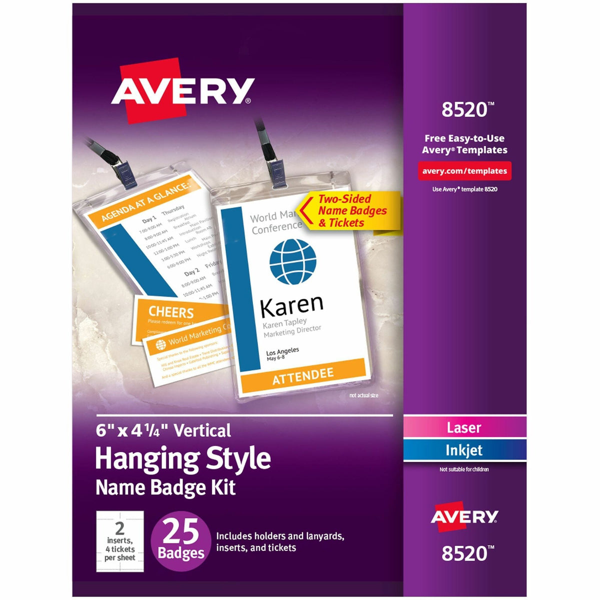 Avery® Vertical Name Badges with Tickets Kit for Laser and Inkjet Printers, 4-1/4" x 6" - White, Black - 25 / Pack