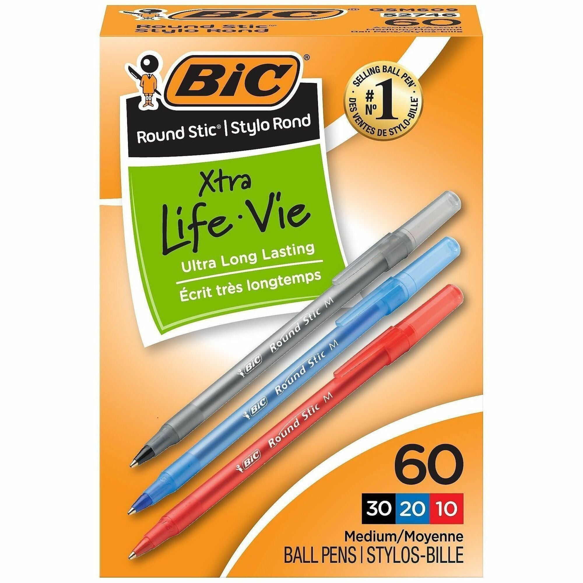 BIC Round Stic Xtra Life Ball Point Pen, Assorted - 1 mm Pen Point - Assorted Ink - Translucent Barrel - 60 / Box