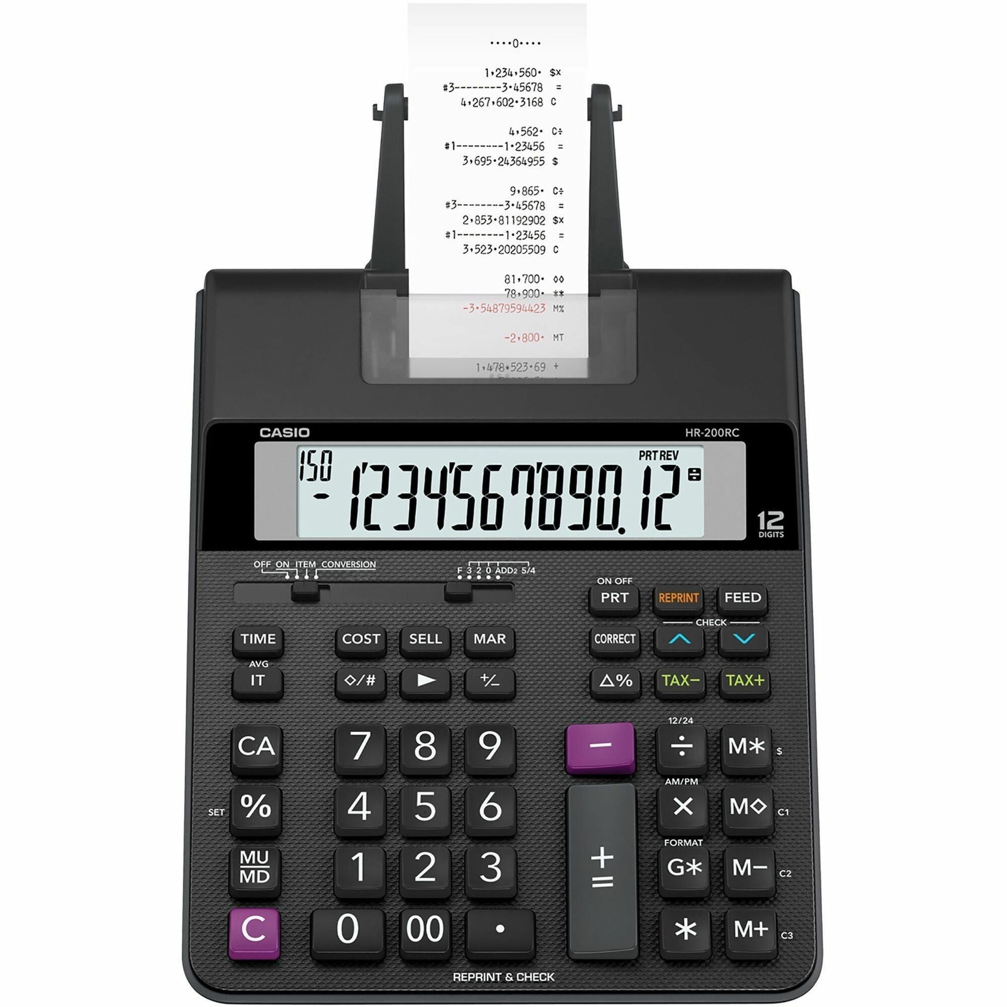 Casio HR-200RC Printing Calculator - Two-color Printing, Large Display, Dual Power - 12 Digits - 2.3" Height x 7.8" Width x 10.8" Length - Black - 1 Each