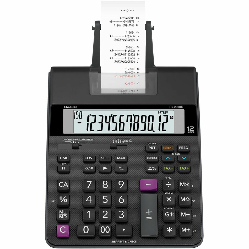 Casio HR-200RC Printing Calculator - Two-color Printing, Large Display, Dual Power - 12 Digits - 2.3" Height x 7.8" Width x 10.8" Length - Black - 1 Each
