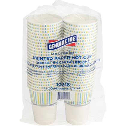 Genuine Joe 12 oz Hot Beverage Cups - 12 fl oz - Assorted - Paper - Hot Chocolate, Cappuccino, Tea, Coffee, Beverage - 50 / Pack