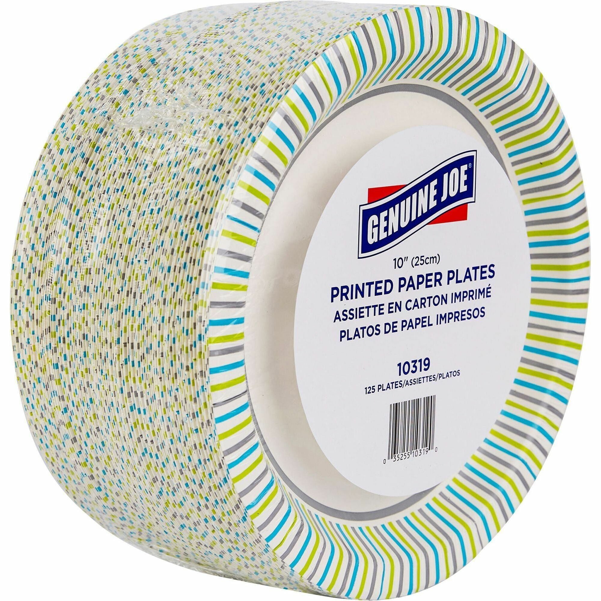 Genuine Joe 10" Printed Paper Plates - Disposable - 10" Diameter - Multi - 125 / Pack