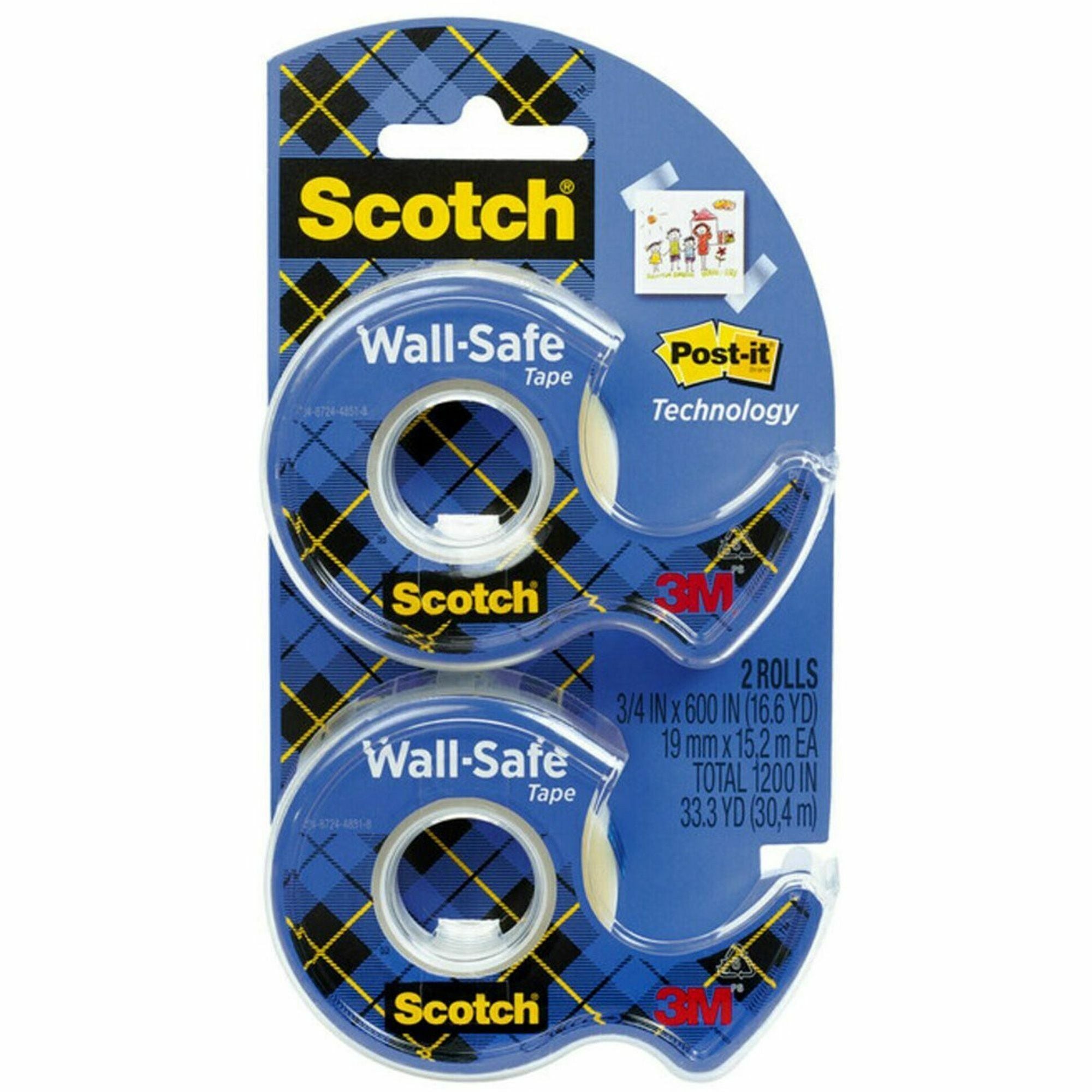 Scotch Wall-Safe Tape - 18.06 yd Length x 0.75" Width - Translucent - Dispenser Included - 2 / Pack