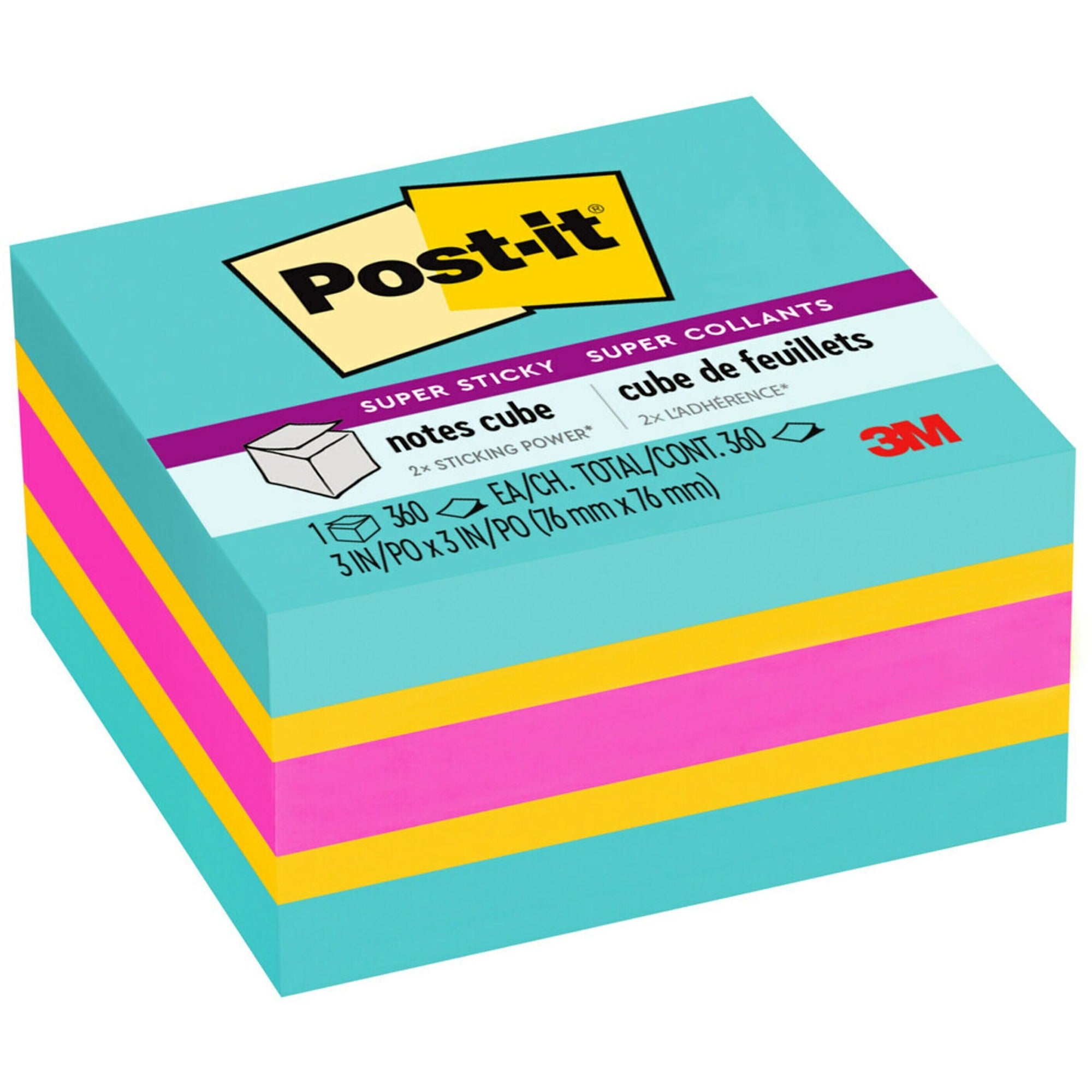 Post-it® Super Sticky Notes Cube - 3" Flag/Note Width x 3" Flag/Note Length - Square - 360 Sheets per Pad - Aqua Splash, Sunnyside, Power Pink - Paper - Sticky, Recyclable - 1 Pack