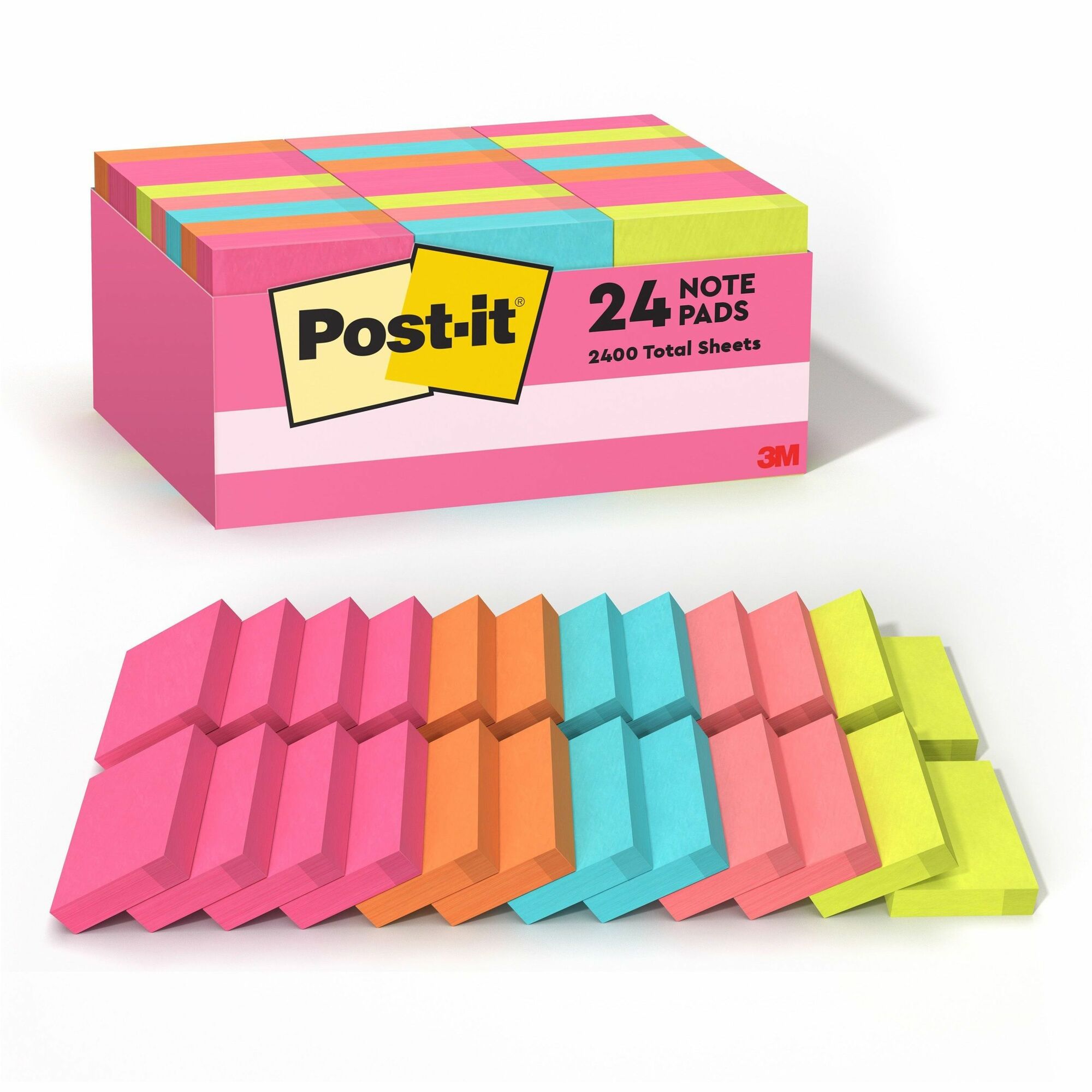 Post-it® Notes Value Pack - 1 1/2" Flag/Note Width x 2" Flag/Note Length - Rectangle - 100 Sheets per Pad - Power Pink, Acid Lime, Aqua Splash, Vital Orange, Guava - Self-stick, Recyclable - 24 / Pack