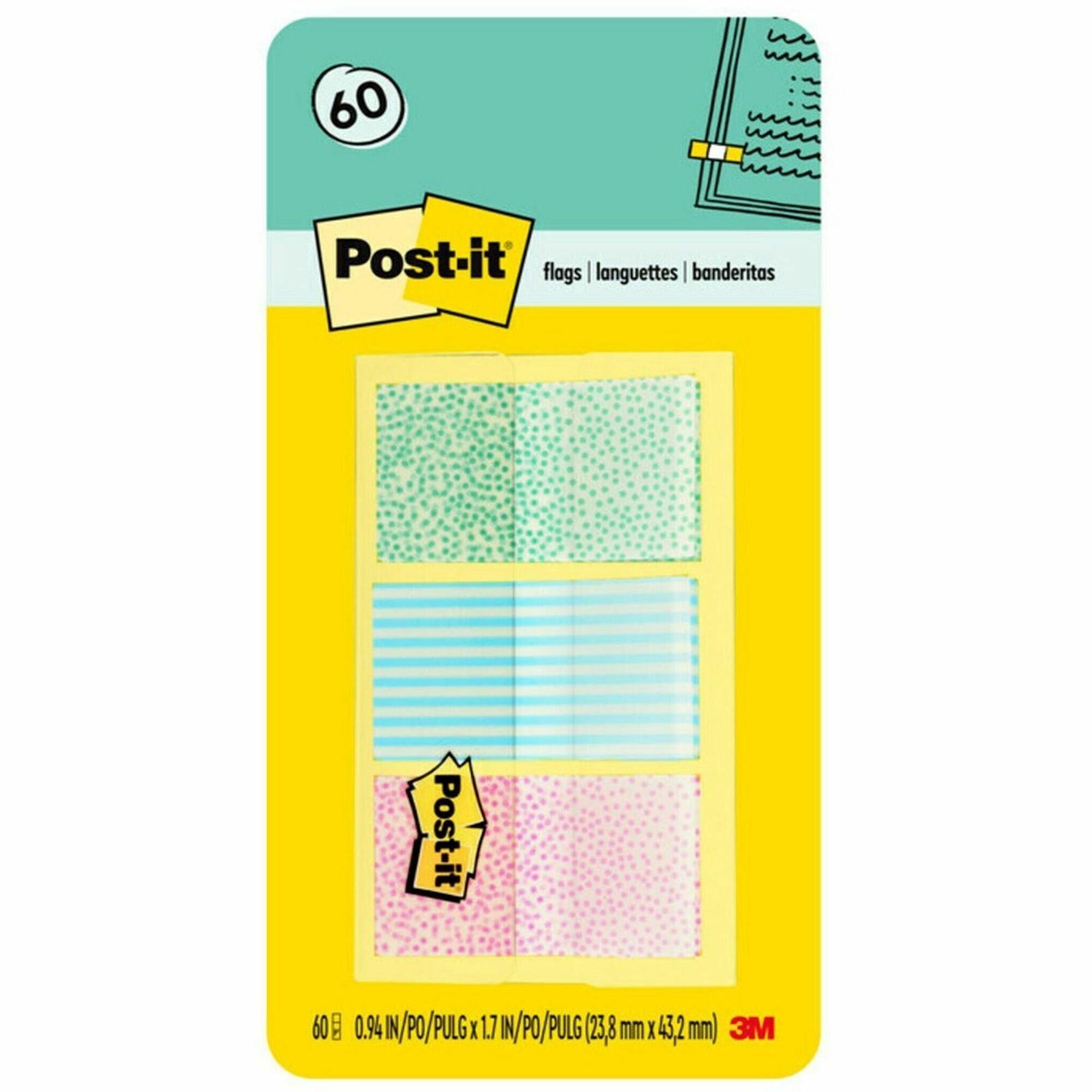 Post-it®  Printed Flags - 60 x Assorted Pastel - 1" Flag/Note Width x 1 3/4" Flag/Note Length - 30 Sheets per Pad - Green, Blue, Pink - Self-adhesive, Sticky, Removable, Writable - Dispenser Included - 60 / Pack
