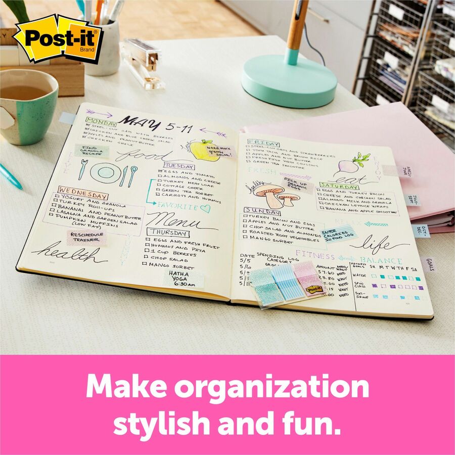 Post-it®  Printed Flags - 60 x Assorted Pastel - 1" Flag/Note Width x 1 3/4" Flag/Note Length - 30 Sheets per Pad - Green, Blue, Pink - Self-adhesive, Sticky, Removable, Writable - Dispenser Included - 60 / Pack