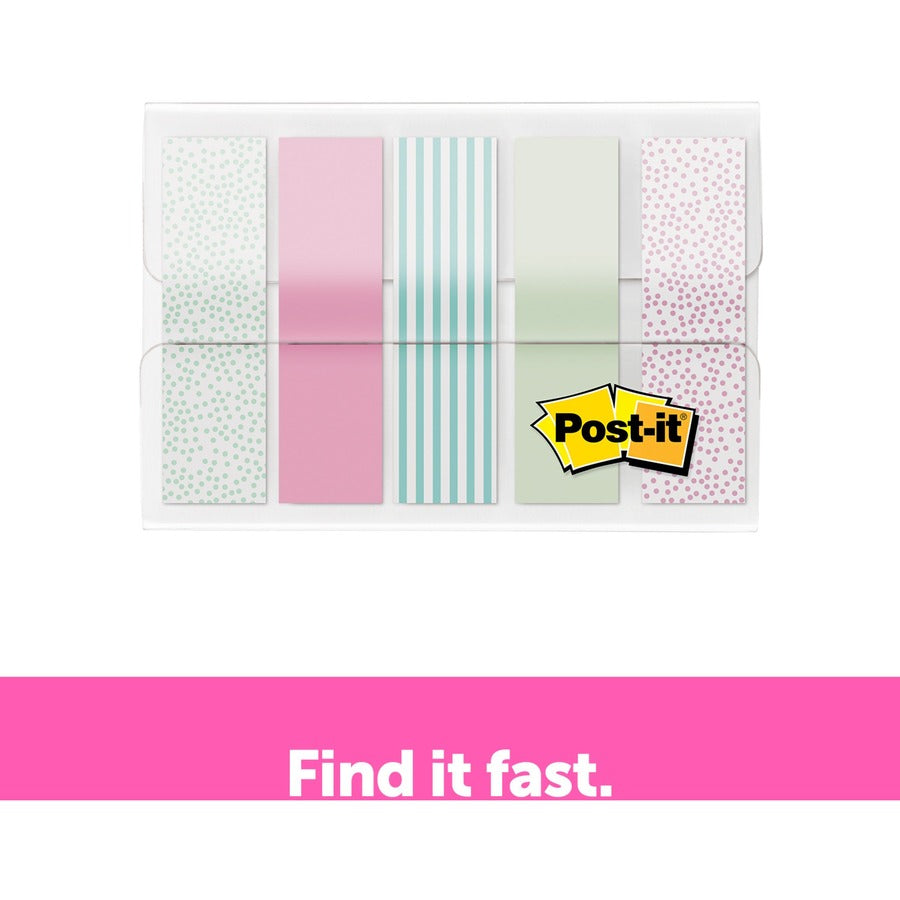 Post-it®  Printed Flags - 100 x Assorted Pastel - 1/2" Flag/Note Width x 1 3/4" Flag/Note Length - 20 Sheets per Pad - Green, Pink, Blue - Self-adhesive, Sticky, Removable, Writable - Dispenser Included - 100 / Pack