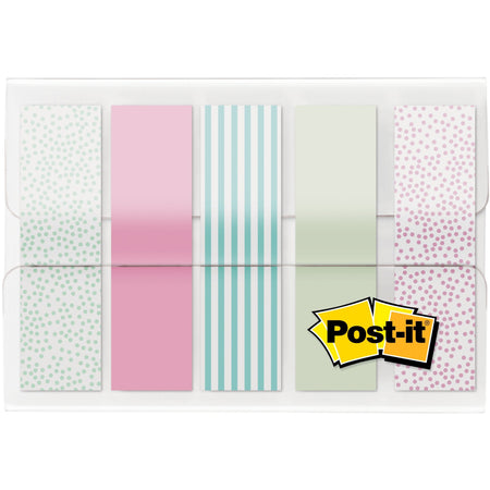 Post-it®  Printed Flags - 100 x Assorted Pastel - 1/2" Flag/Note Width x 1 3/4" Flag/Note Length - 20 Sheets per Pad - Green, Pink, Blue - Self-adhesive, Sticky, Removable, Writable - Dispenser Included - 100 / Pack