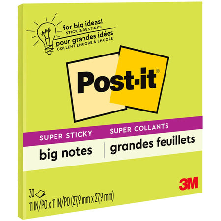 Post-it® Super Sticky Big Notes - 30 x Green - 11" Flag/Note Width x 11" Flag/Note Length - Square - 30 Sheets per Pad - Green - Sticky, Removable - 1 Each