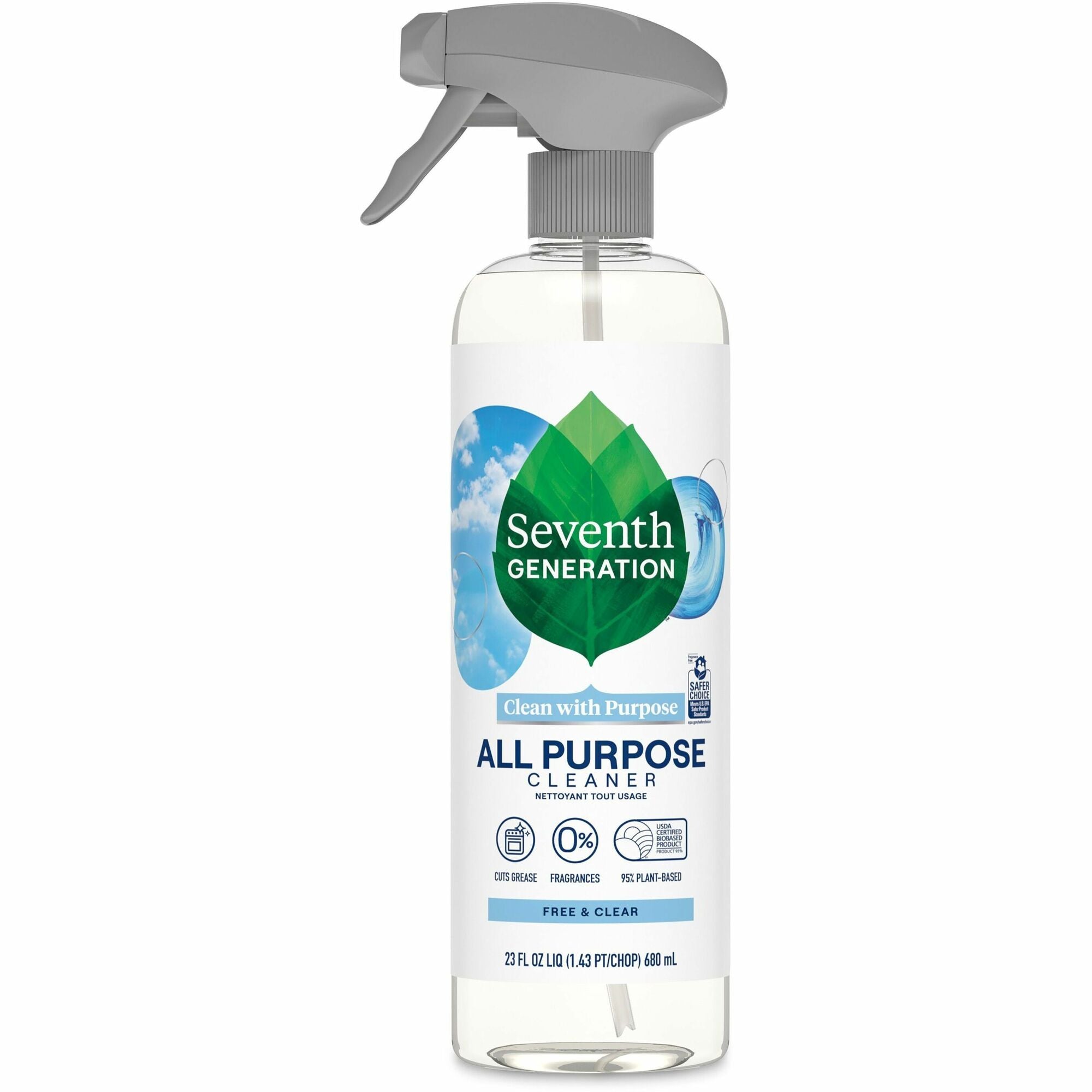 Seventh Generation All Purpose Cleaner - 23 fl oz (0.7 quart) - Fragrance-free, Dye-free, Streak-free, Non-toxic, VOC-free - Clear - 8 / Carton