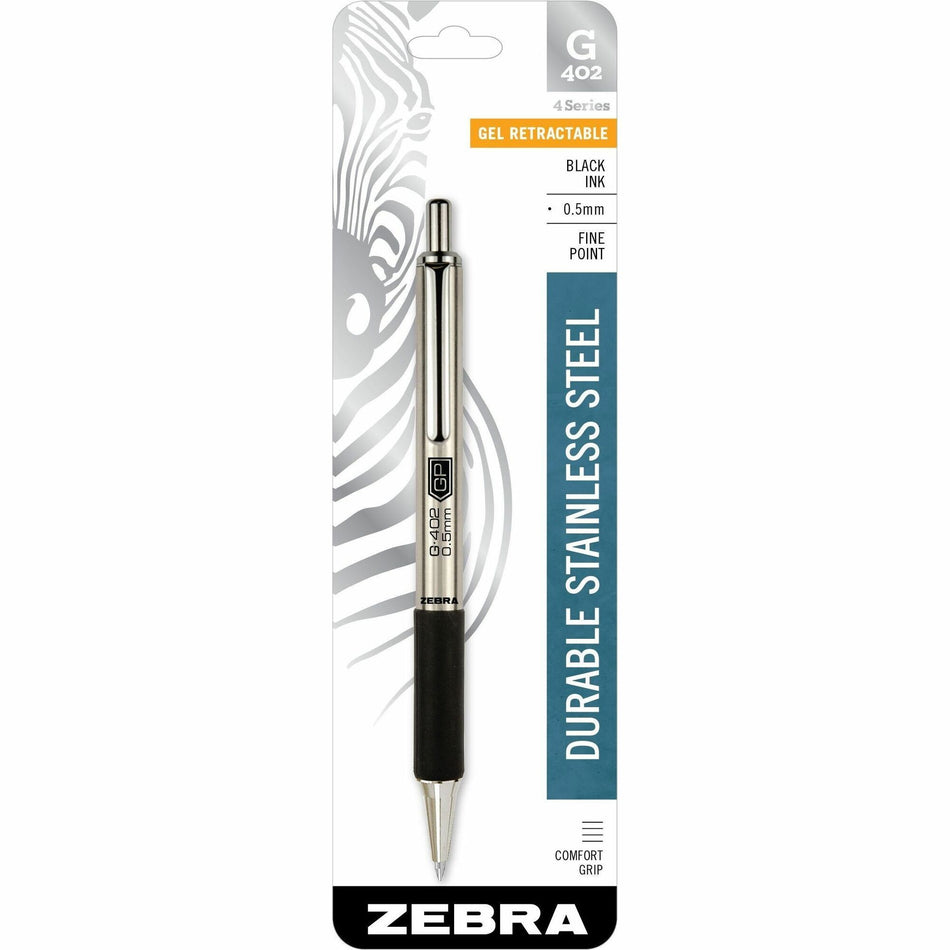 Zebra STEEL 4 Series G-402 Retractable Gel Pen - 0.5 mm Fine Pen Point - Retractable - Black Ink - Gel-based - Stainless Steel Barrel - 1 Each