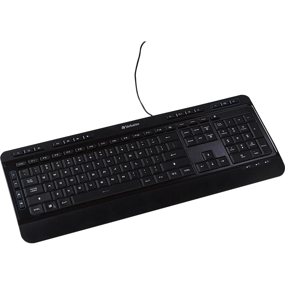 Verbatim Illuminated Wired Keyboard - Cable Connectivity - USB Type A Interface - Media Player Hot Key(s) - Windows, Mac OS, Linux - Black