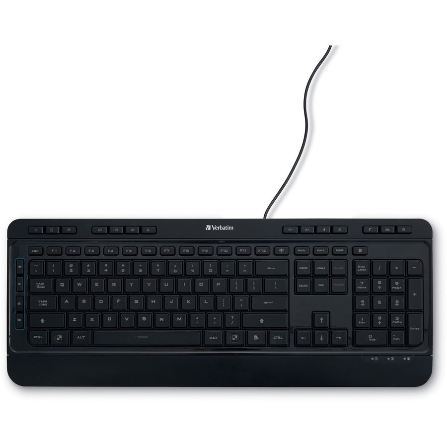 Verbatim Illuminated Wired Keyboard - Cable Connectivity - USB Type A Interface - Media Player Hot Key(s) - Windows, Mac OS, Linux - Black