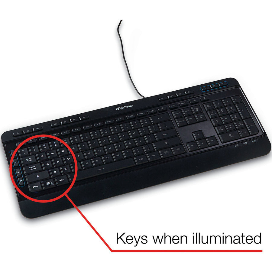 Verbatim Illuminated Wired Keyboard - Cable Connectivity - USB Type A Interface - Media Player Hot Key(s) - Windows, Mac OS, Linux - Black