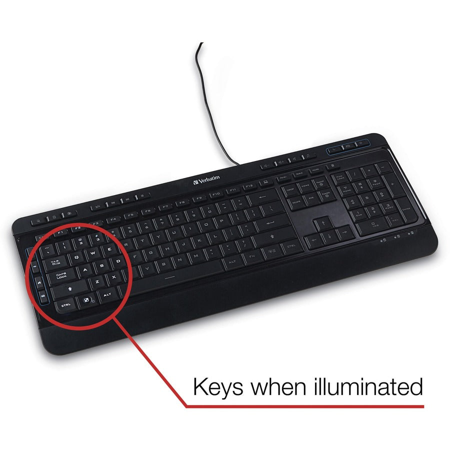 Verbatim Illuminated Wired Keyboard - Cable Connectivity - USB Type A Interface - Media Player Hot Key(s) - Windows, Mac OS, Linux - Black